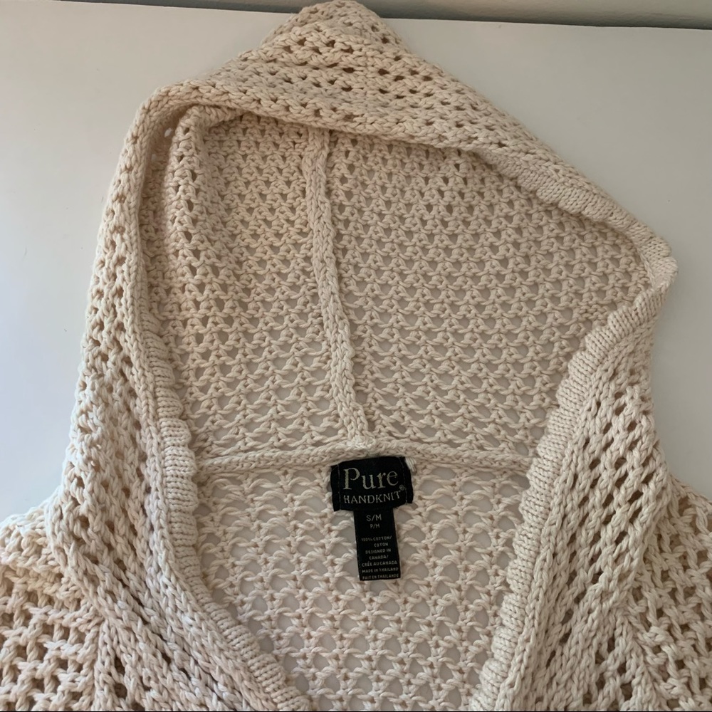 Pure Handknit Peace Hoodie Cotton Sweater, Cream, S/M - Picture 13 of 15